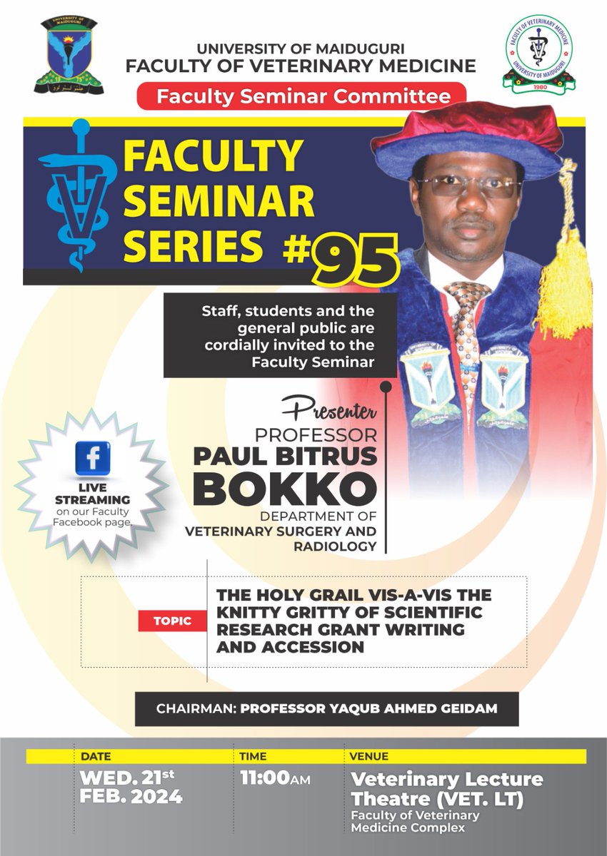 fvmunimaid's tweet photo. The Dean, Faculty of Veterinary Medicine, University of Maiduguri, cordially invites YOU to its Faculty Seminar Series No. 95  with details below.

You can also join us LiVE on Facebook. https://t.co/0hqJBuLIg0