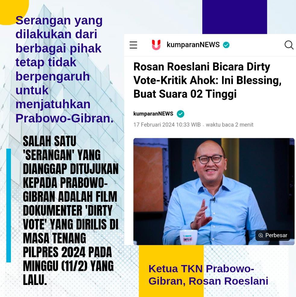 putrilalak's tweet photo. "Kita melihatnya justru bukannya tidak berpengaruh. Justru positif buat kita. Karena kalau dilihat yang nonton banyak, jutaan, tapi kita lihatnya mohon maaf hanya di chambers mereka aja yang ramai," kata Rosan
#PemiluAmanObyektif

https://t.co/pfqPFeBr3r https://t.co/L6e4W9oSnA