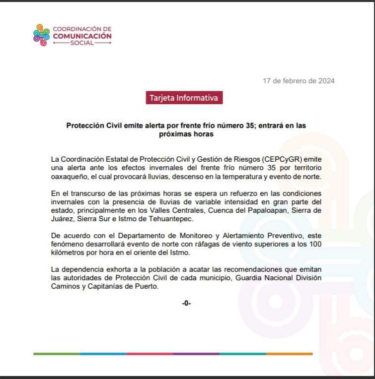 RevistaLibreMx's tweet photo. De acuerdo a la @CEPCyGR_GobOax,  en las próximas horas se prevén las lluvias de variable intensidad, descenso en la temperatura, evento de Norte en el oriente del Istmo y oleaje elevado en aguas del Golfo de #Tehuantepec. https://t.co/lq1rZnuALy