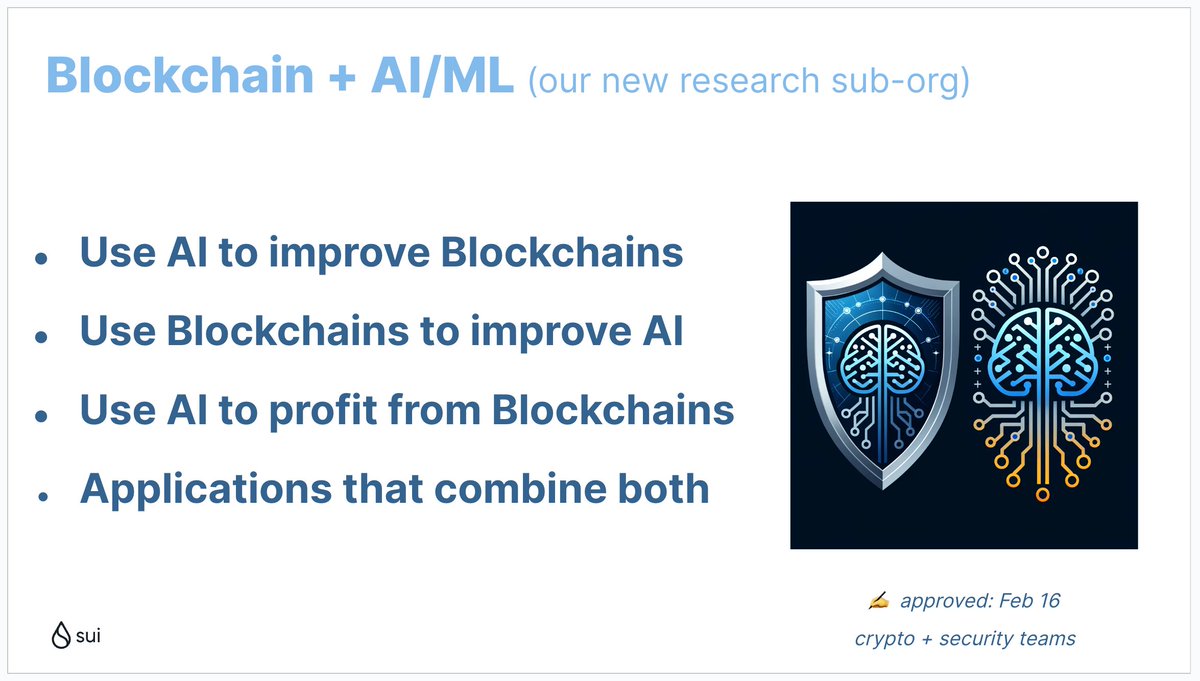 Update for @Mysten_Labs & @SuiNetwork: we officially have a small AI/ML research group. We'll conduct both research & launch novel #MachineLearning + #blockchain + #crypto dapps and primitives. This is strategic & it already resulted in a cool AI service thanks to @JohnNaulty!