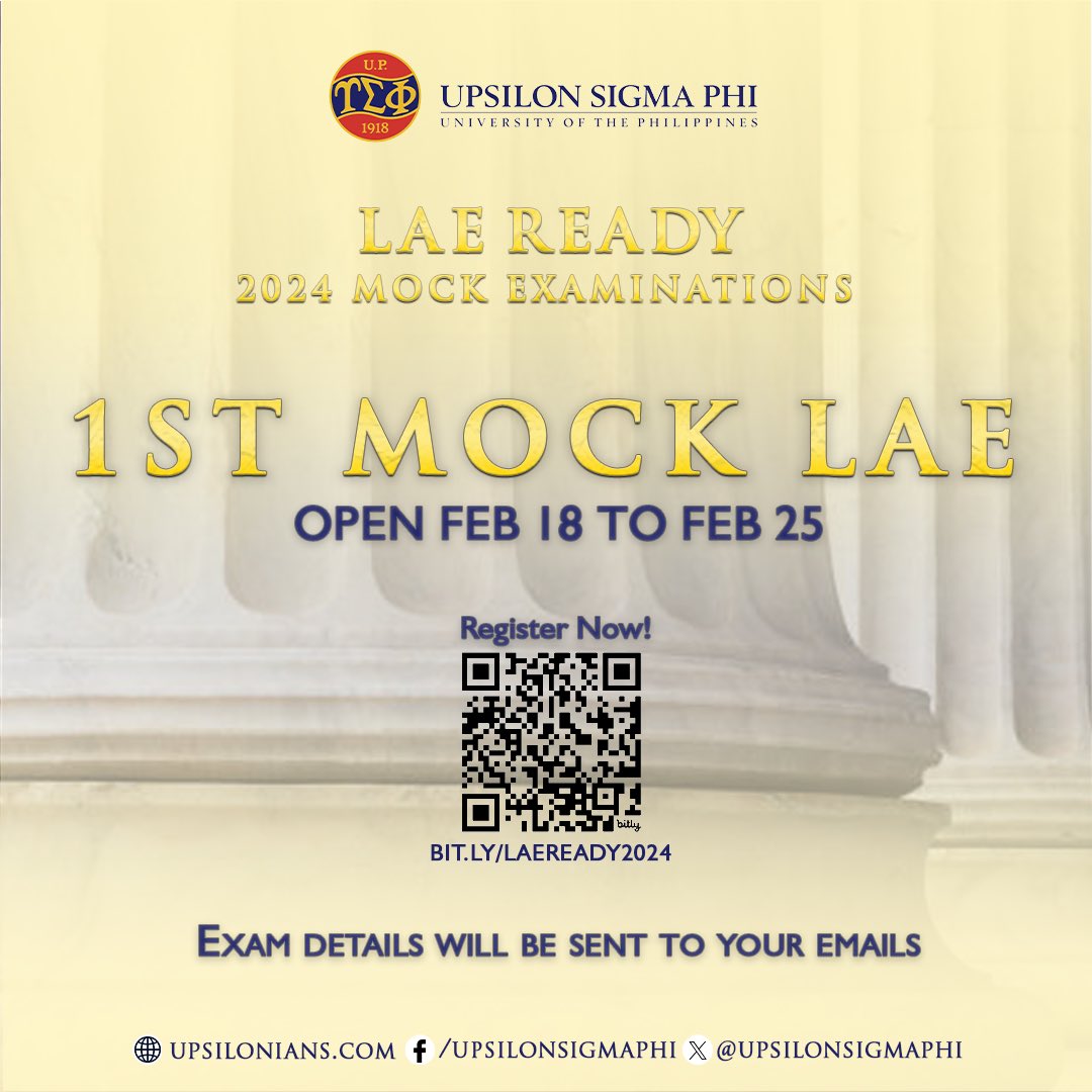 upsilonsigmaphi's tweet image. Calling all UP Law aspirants!

Our 1st Mock LAE Exam is now available. Register through bit.ly/LAEREADY2024 to get the exam details emailed to your account.

Cut-off for registrations for the 1st Mock LAE will be on February 25 (11:59PM).

#UPCollegeofLaw
#ImperativeofService