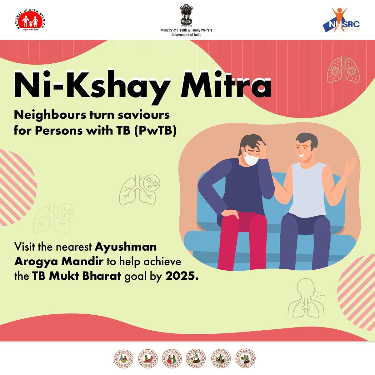 You can help strengthen the efforts under #PMTBMBA by providing nutritional, diagnostic, vocational, & social support to Persons with TB (PwTB).
Get yourself proudly registered as #NikshayMitras at the nearest #AyushmanArogyaMandir and help #EndTB by 2025. 💪
#TBMuktBharat