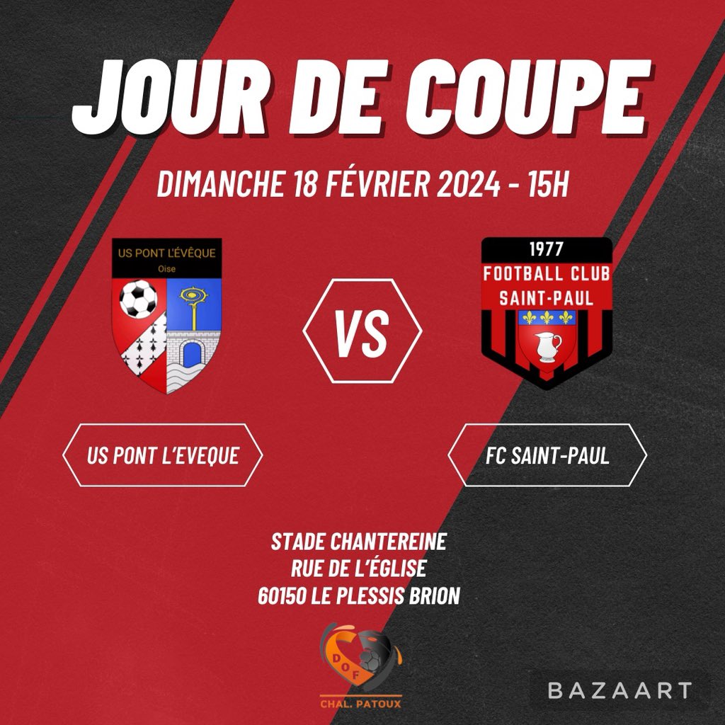 fcsaintpaul's tweet photo. [🚨 Jour de coupe]

🆚 US Pont l’Évêque
⌚️ 15h
🏆 Challenge Patoux
🏟 Stade Chantereine
📌 Le Plessis-Brion
📲 #USPEFCSP https://t.co/4JJLuwe8bp