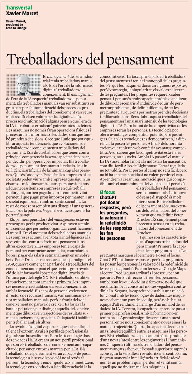 TREBALLADORS DEL PENSAMENT En època d’intel·ligència artificial és fonamental que les persones tinguem el monopoli de les preguntes. Si penses, la tecnologia t’empodera, si no penses la tecnologia et porta on ella vol. Avui a @LaVanguardia