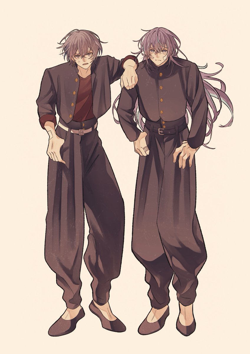long hair school uniform multiple boys siblings pants simple background 2boys  illustration images