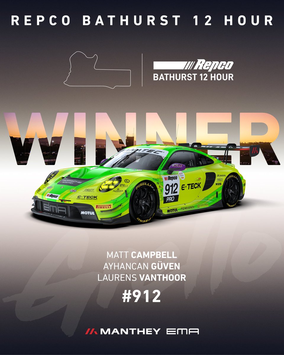 WE ARE BATHURST 12 HOUR 2024 WINNERS 🏆🙌🏼🇦🇺 Manthey EMA wins on the Mount Panorama Circuit for the first time! The number 912 Porsche 911 GT3 R, driven by Matt Campbell, Ayhancan Güven and Laurens Vanthoor, was the first to see the chequered flag after 12 hours of racing. 🏁