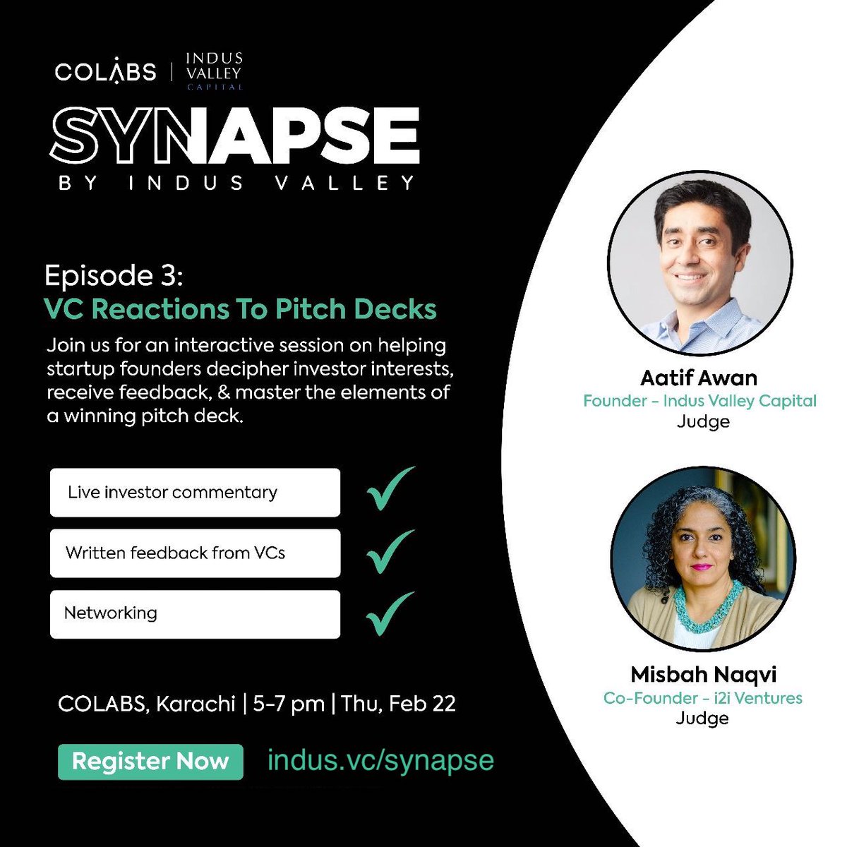 Founders in Karachi, join us this Thursday at 5pm to learn how to craft a compelling pitch deck from <a href="/MizNaQ/">misbah</a> and me. 

RSVP at indus.vc/synapse to be a part of <a href="/indusvalleycap/">Indus Valley Capital</a>'s latest Synapse event, hosted at <a href="/colabspk/">COLABS</a> Karachi. Details in🧵
