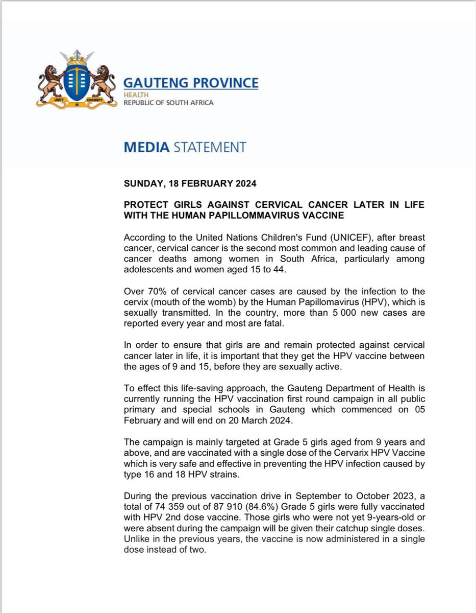 NkomoNomantu's tweet photo. We wish to appeal to parents who haven’t signed consent to think about the long-term implications of not having their children immunised. By giving consent, you’re taking a responsible step to ensure that we save the future of our girls, a single dose at a time #AsibeHealthyGP https://t.co/1fU70zoCW3