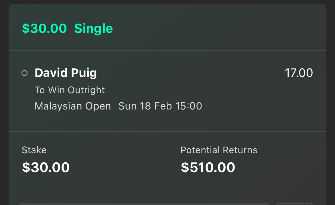 Hardly ever bet on the #AsianTour but  nice to wake up to a winning bet! 🏆

Especially when they nearly miss the cut! What a player David Puig is, finishing 62/62 to win🏌️‍♂️ 

#MalaysiaOpen
