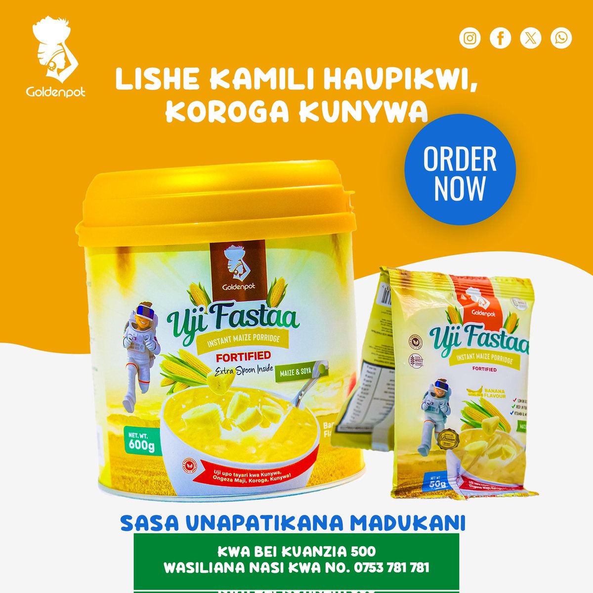 Ukiwa na Maji ya Vuguvugu changanya na Uji Fastaa wako koroga kunywa Sasa upo madukani Tanzania nzima kwa kuanzia sh 500/=
Wasiliana nasi kwa no:0753 781 781.

Lishe Kamili Haupikwi