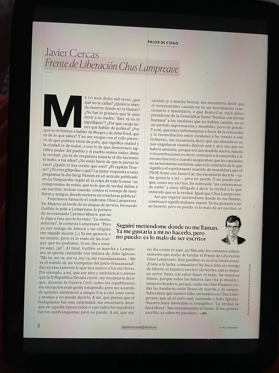 No os perdáis este ejercicio de independencia, compromiso y valor. Gracias #JavierCercas en ⁦<a href="/elpaissemanal/">EL PAÍS SEMANAL</a>⁩