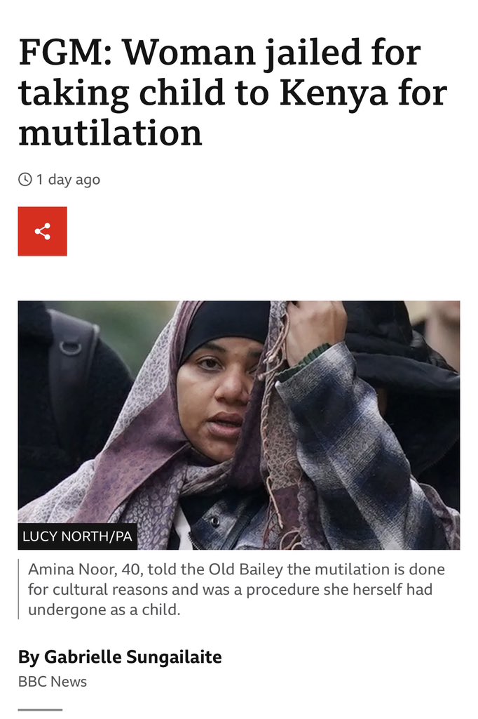 EOW_Charity's tweet photo. Woman jailed for facilitating FGM on a 3-year-old British child in Kenya. Amina Noor sentenced to 7 years – first conviction of its kind. This heinous crime must be stopped. Justice served, but our fight continues. #EndFGM #JusticeServed

https://t.co/1oIKyTFXgp https://t.co/YAyVNAJOz4