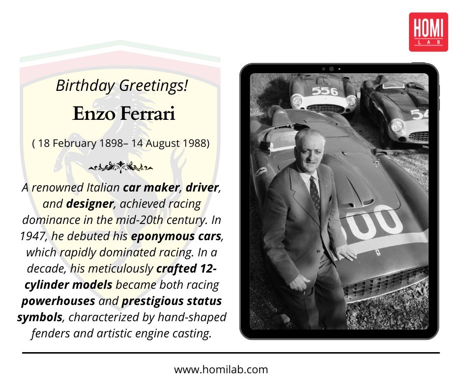 homi_lab's tweet photo. Celebrating the legendary Enzo Ferrari on his birthday anniversary. A visionary in motorsports, his legacy continues to rev up our passion for speed and elegance.
Forever in our hearts.
#EnzoFerrari #Legend #ferrari #facts #homilab https://t.co/jzSE0g1irK