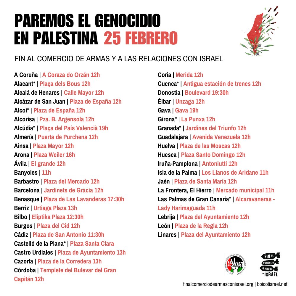 DesarmaMadrid's tweet photo. 📢 El próximo domingo #25F volveremos a salir a las calles en todo el estado para gritar alto y claro 👇

‼️ EMBARGO total de ARMAS a Israel ‼️
🟥 NO al GENOCIDIO 🟥
🔴 FIN relaciones con Israel 🔴

📍 En Madrid a las 12h desde Atocha 📍

#ConPalestina25F 
#StopArmasConIsrael https://t.co/G2HcLPTKbH