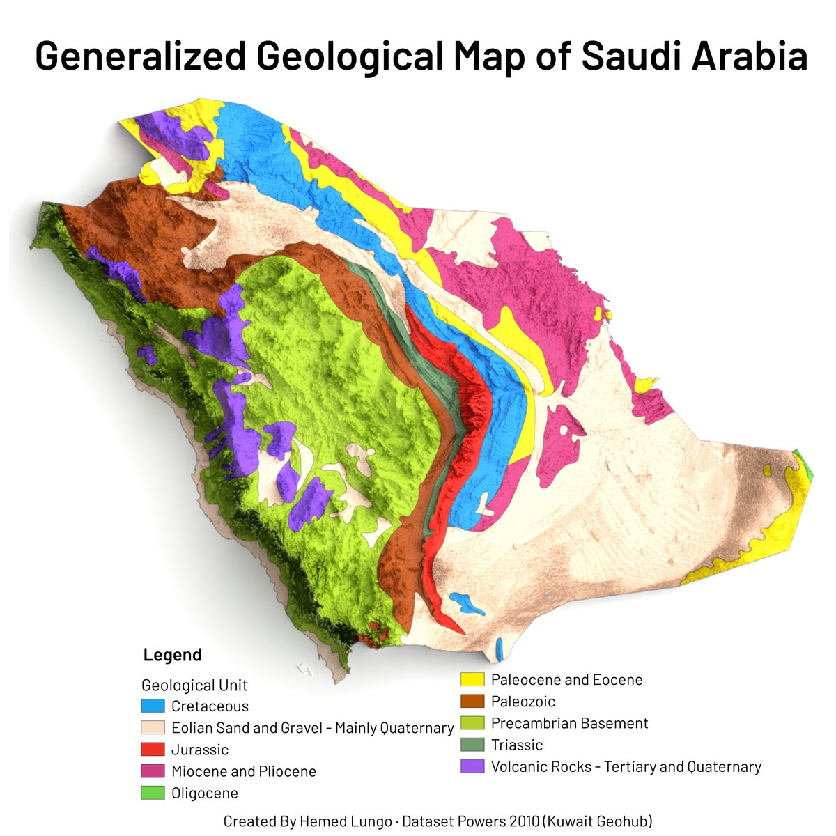 725Hemeed's tweet photo. A Map🗺️ Showing Generalized Geological of Kingdom of Saudi Arabia 🇸🇦, Dataset is from Powers 2010 from @kuwait_geohub website link(https://t.co/ykpf3HPYNW) #SaudiArabia #geology #geologicalmap #map #gischat #geospatial #dataviz #qgis #b3d #Blender https://t.co/7pbXkOFlhQ
