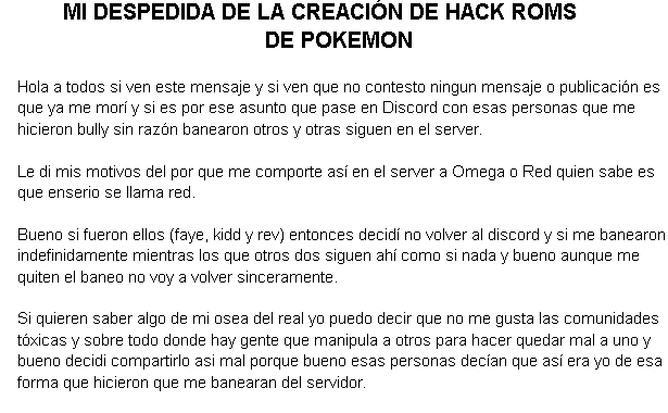 PokegirlkHack's tweet photo. GENTE MALAS NOTICIAS...
LA CREADORA DE POKEMON DIMENSIONS PARADOX!
En su perfil de una pagina llamada whack hack dejo este texto y esto digo yo cuando lei el texto
nunca crei hubiera tanta toxicidad y bully en ese discord server valla.
#Nimu #hackroms #WhackHack #Pokemon https://t.co/6s0d1dzegi