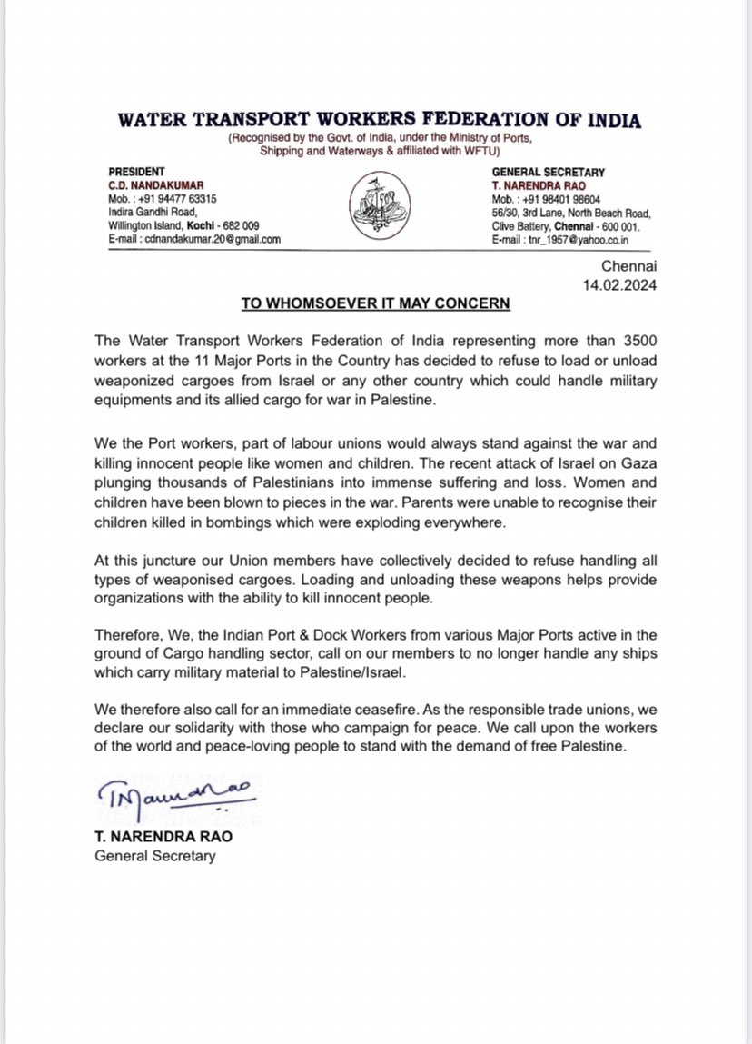 BREAKING: Effective Immediately. The Water Transport Workers Federation of India representing workers at 11 major Indian ports will refuse to load or unload weapons to Israel. This is in solidarity with a call by Palestinian trade unions. India sends $7bn in arms to Israel a year