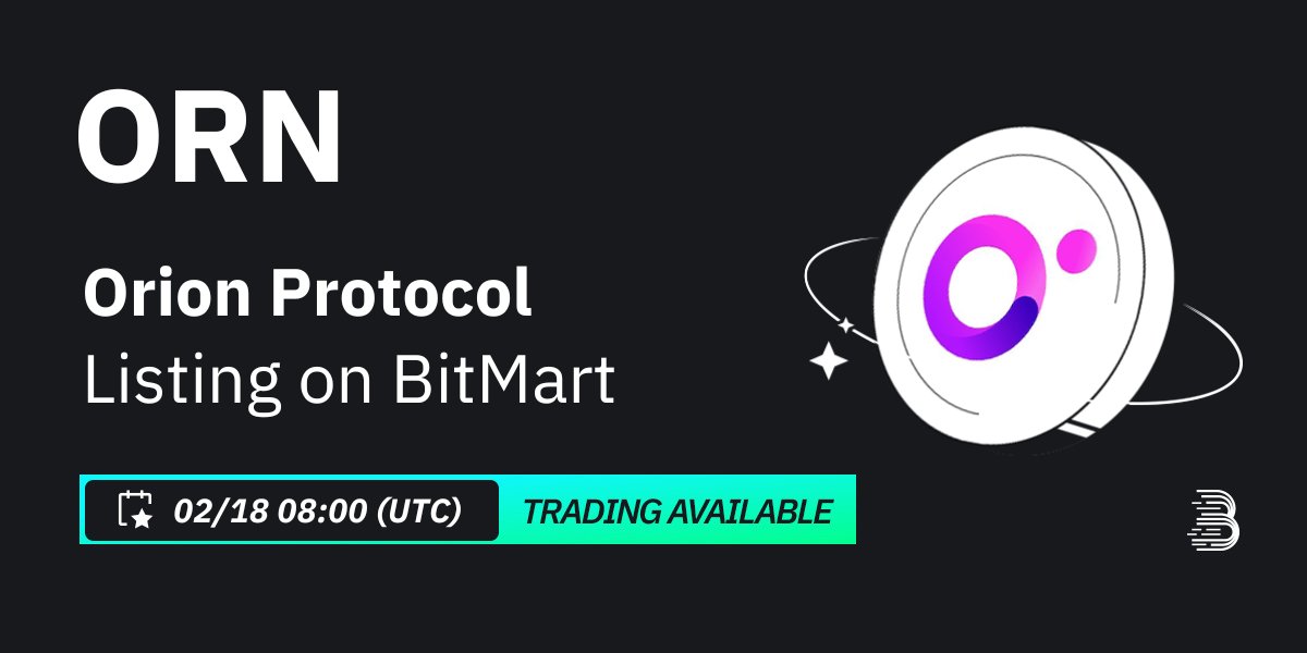 #BitMart will list Orion Protocol (ORN) <a href="/TradeOnOrion/">Orion</a>  on our digital assets platform on Feb 18, 2024 🤩

Orion is a suite of decentralized finance (DeFi) trading products with instant access to aggregated centralized and decentralized exchange liquidity to provide users with