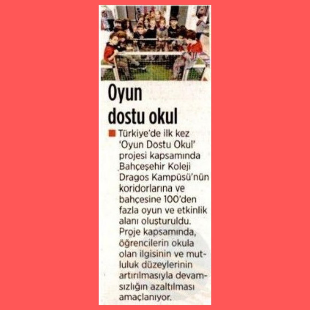 ✔️Oyun Dostu Okul projesinin Bahçeşehir Koleji Dragos Kampüsü'nde hayata geçirildiği haberi Milliyet'te. HABERİNİZ OLSUN! @dagozlem @ozgeeasln @YavuzSamur @bahcesehir_k12 @Dragos_Bah