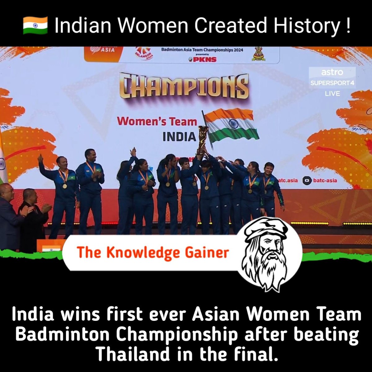 Theknowledgega3's tweet photo. India crowned Badminton Asia Team champions for 1st time as #PVSindhu, #AnmolKharb shine vs Thailand in final

Badminton Asia Team Championships 2024 🇮🇳👏

#Badminton #BATC2024
#BATC #BATCAsia
#India #Champions https://t.co/BFnkCi08qH