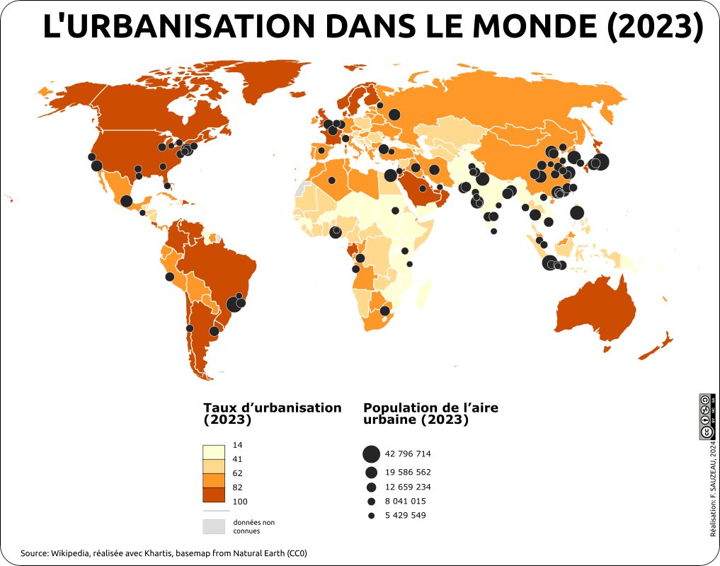 [Carto] L'urbanisation dans le monde en 2023: carte coiuleur générale + carte NB simplifiée pour une insertion dans une fiche
hgsempai.fr/carto/?p=1861