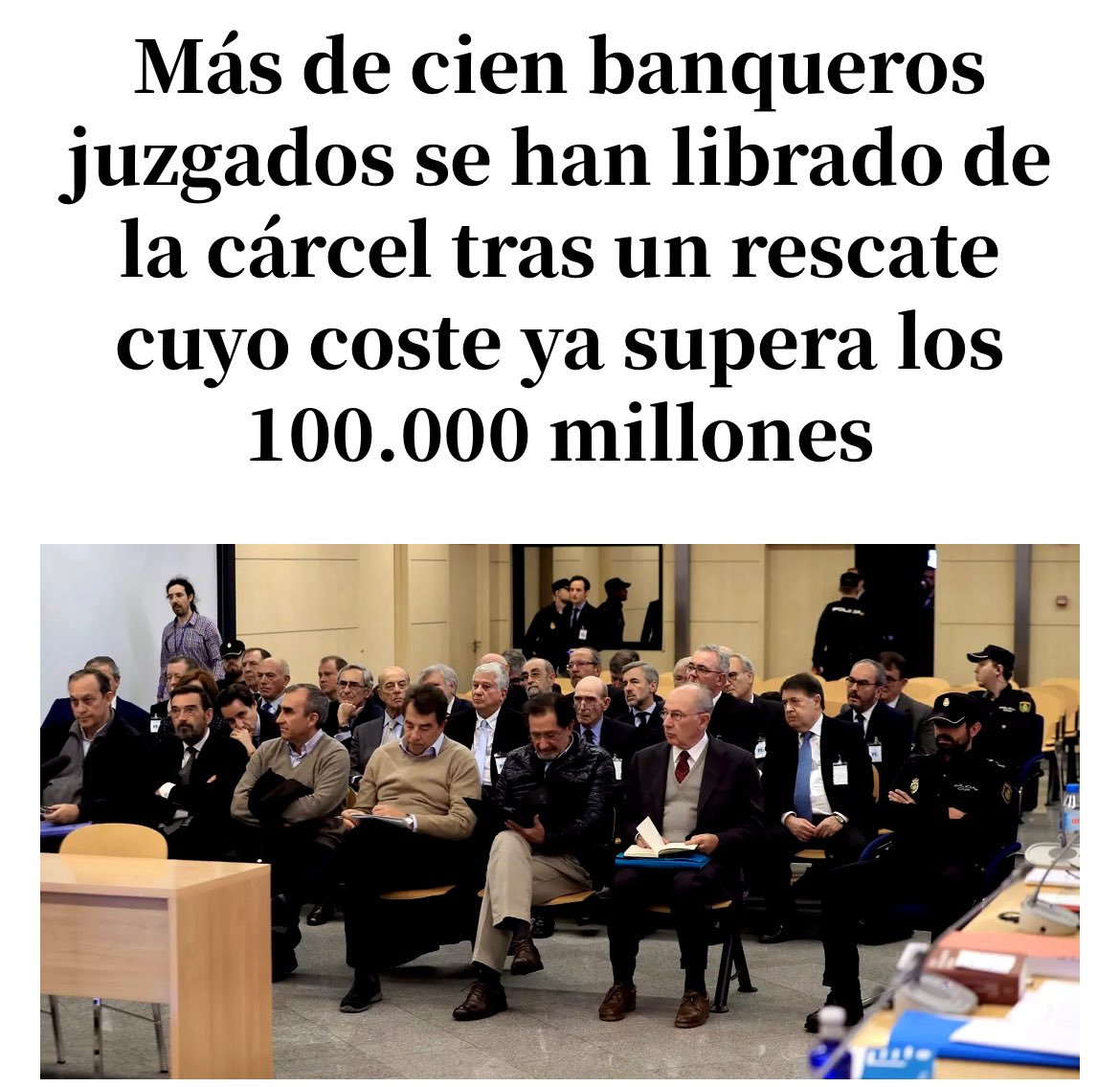 JesusCintora's tweet photo. “Más de cien banqueros juzgados se han librado de la cárcel tras un rescate cuyo coste ya supera los 100.000 millones. La factura sigue creciendo sin que el Estado recupere el dinero y los tribunales apenas detectan delincuentes entre los responsables” https://t.co/ycl29YcYID https://t.co/e52kwp83zh