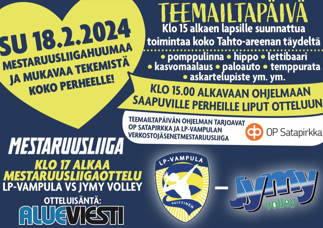 VampulaLp's tweet photo. Tänään sunnuntaina 18.2.2024 vietetään Tahto areenalla Lasten ja vanhempien Teemailtapäivää!💙💛

Klo: 15.00 alkaen lapsille suunnattua toimintaa
  
🏐Kaikille klo 15.00 alkavaan ohjelmaan saapuville perheille

🏐LP-Vampula vs JymyVolley
🗓️18.2.
⏰17.00
@mestaruusliiga https://t.co/7TcPy7Nzes