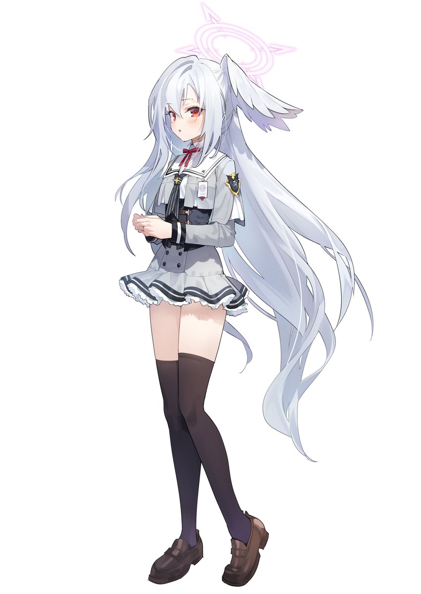 1girl solo thighhighs long hair white background halo full body  illustration images