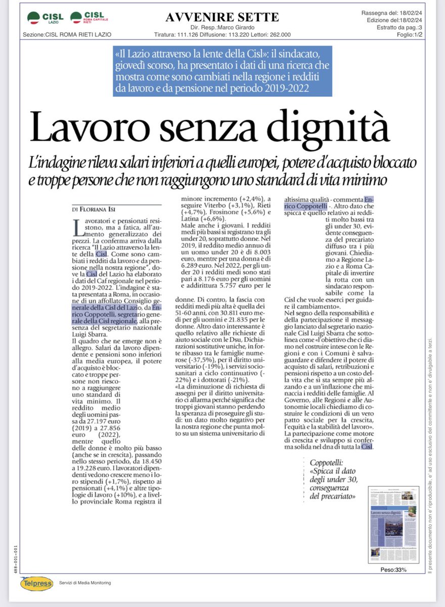 Cisl_Lazio's tweet photo. Su Avvenire #Lazio la presentazione della ricerca: “il Lazio attraverso la lente della Cisl”.
Coppotelli: “La diminuzione di richiesta di assegni per il diritto universitario ci allarma perché significa che troppi giovani stanno perdendo la speranza di proseguire gli studi”. https://t.co/y2MD0fkcoH
