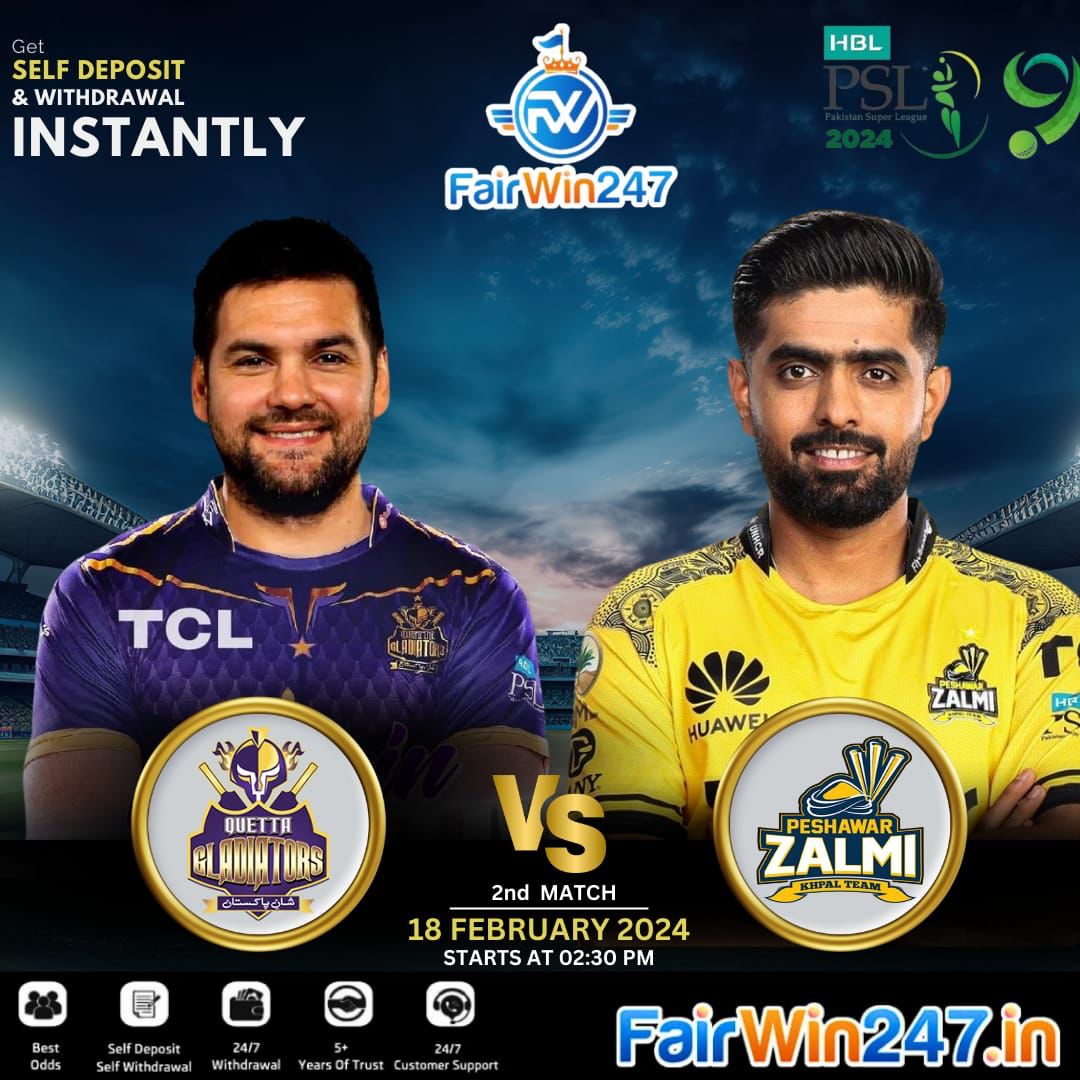 Peshawar Zalmi &amp; Quetta Gladiators begin their #PSL9 campaign today.

Who will win the #QGvPZ match?

Play Now 👉🏻 bit.ly/Fairwin247

▪️Toss
▪️Match Odds
▪️Runline/Fancies
▪️Cash Out
▪️24/7 Self Deposit/Withdrawals

Play Now and Win Big !!

Happy Gaming !!

#QGvPZ