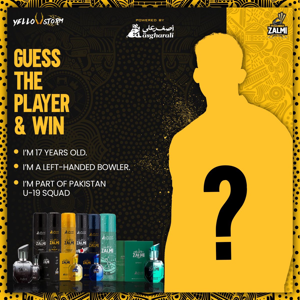 PeshawarZalmi's tweet photo. 🎁 Giveaway Alert

Answer the question correctly to win Zalmi Perfume by Asghar Ali💯

Tag 3 friends 👫
Like the picture 👍
Comment your answer
Share the post!

#Zalmi #ZalmiYama #YellowStorm #HBLPSL9 #KhyberEdition #PZvQG https://t.co/43lIehjK2S