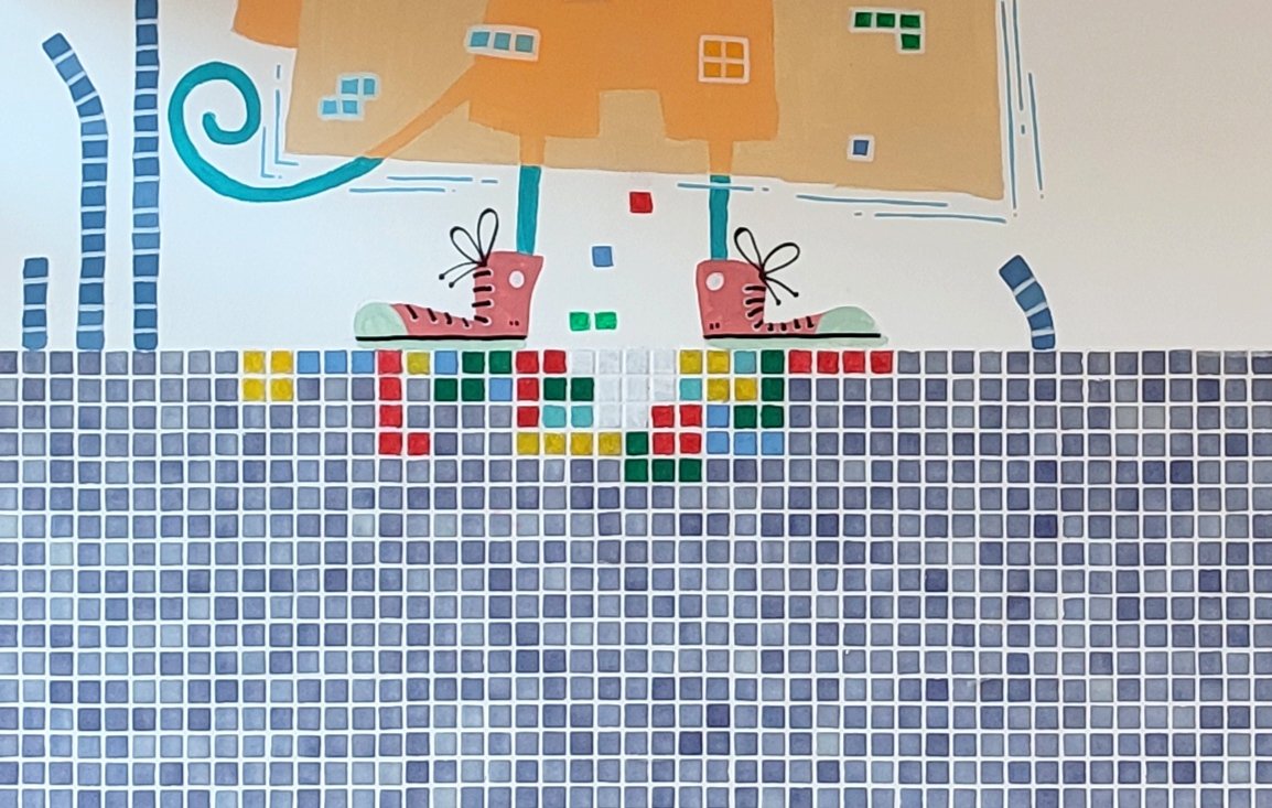 Me encontré con una pared llena de gresite, y solo podía intervenir sobre ella, así que decidí convertir esas teselas en agua, vegetación, tierra y también píxeles. Gracias a todo el personal sanitario que me puso tantas facilidades para trabajar. 
Viva la sanidad pública.