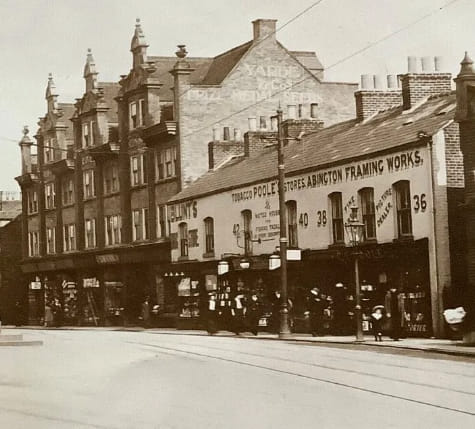 Abington Square, Northampton, at the bottom end of the Wellingborough Rd. Tramlines in the road just visible.