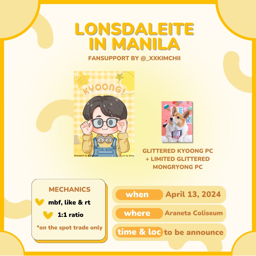 Baekhyun in Manila 💛

LONSDALEITE FANSUPPORT by @_xxkimchii (art by <a href="/artdaniy/">Daniy</a>)

💛 mbf, like &amp; rt
💛 1:1 only
💛 loc tba 
💛 on the spot trade only

#BAEKHYUN #LONSDALEITE 
 #LONSDALEITEinMNL  #LONSDALEITEinMANILA