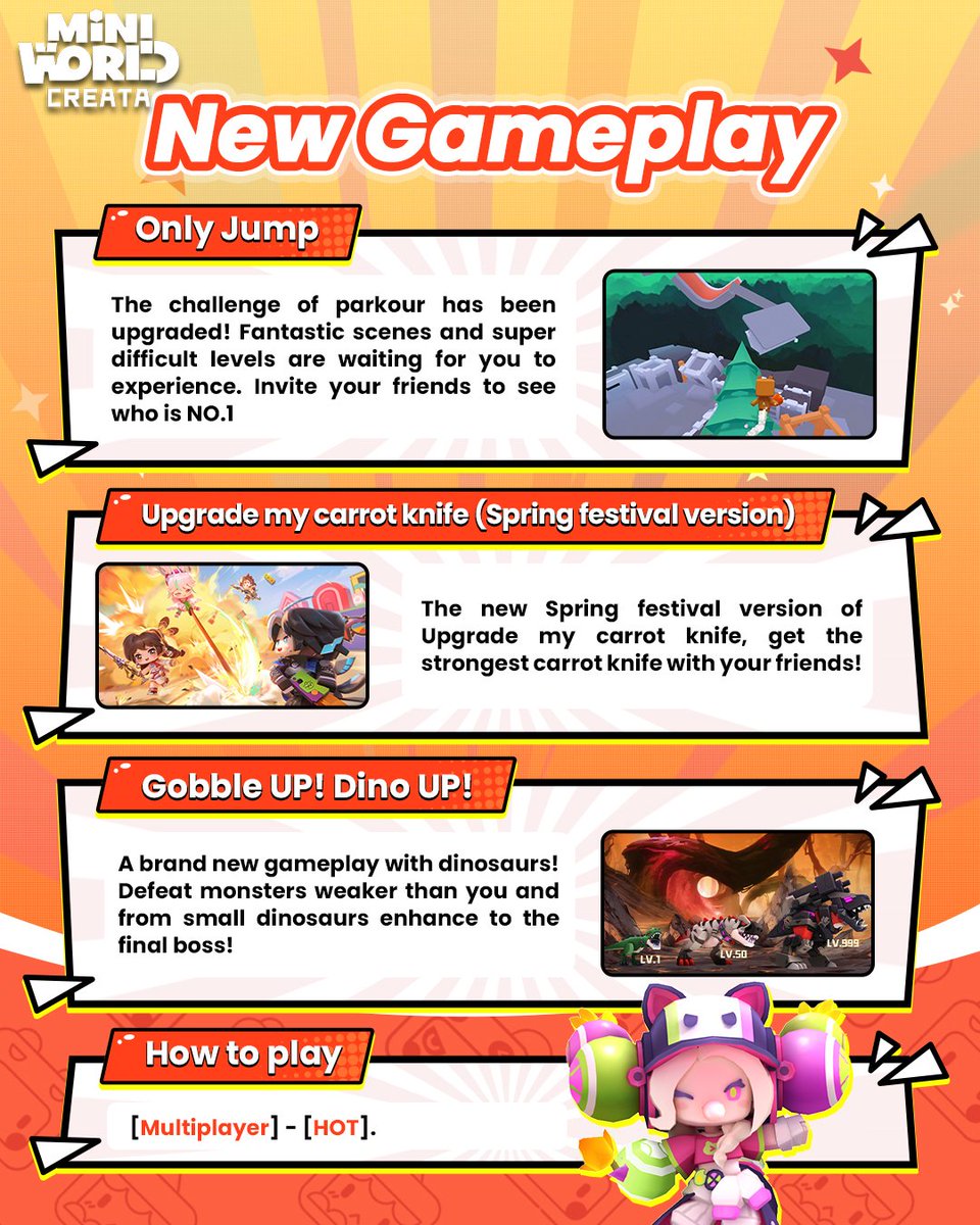 miniworldCreata's tweet image. バージョン2.0詳細　その一 🎊📜
🌸 新しく可愛いキャラクター
🎮 5つの新しいゲームプレイモード 🎲
 探検し、創造し、冒険し、さらなる楽しみを発見しましょう！
🎨 新しくなったクリエイティブな能力 🖌️ 
想像力を発揮して、ユニークな世界を作りましょう！🚀
#ミニワールド 
#miniworld