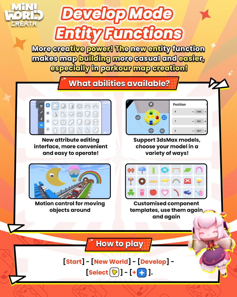 miniworldCreata's tweet image. バージョン2.0詳細　その一 🎊📜
🌸 新しく可愛いキャラクター
🎮 5つの新しいゲームプレイモード 🎲
 探検し、創造し、冒険し、さらなる楽しみを発見しましょう！
🎨 新しくなったクリエイティブな能力 🖌️ 
想像力を発揮して、ユニークな世界を作りましょう！🚀
#ミニワールド 
#miniworld