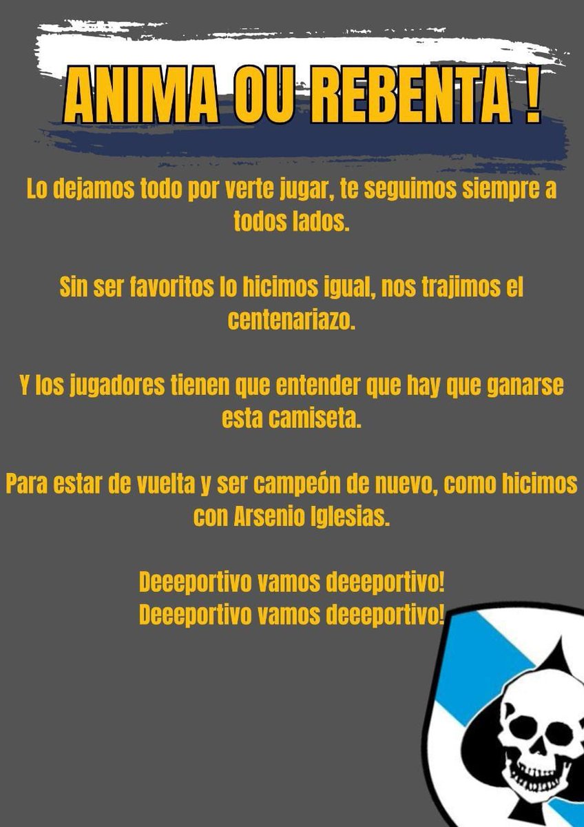 RB1987Oficial's tweet photo. Un resumo da nosa historia e unha declaración de intencións. Aprende esta letra, esta canción vai petar forte na nosa bancada.

Vamos Deportivo...! https://t.co/fMtUePzmub
