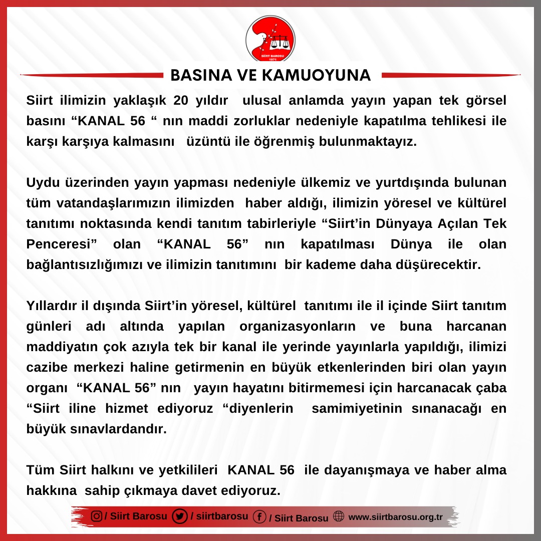 Siirt Barosu'ndan Kanal56 TV'nin Kapanmasına Tepki! <a href="/RTErdogan/">Recep Tayyip Erdoğan</a> <a href="/fahrettinaltun/">Fahrettin Altun</a>  <a href="/NejdetKuzu/">Nejdet Kuzu</a>