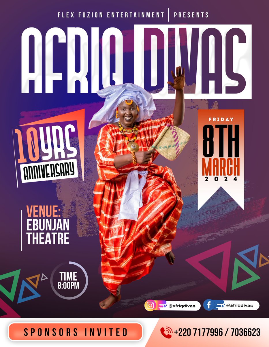 Get ready to celebrate a decade of talent and empowerment! Join us for <a href="/afriqdivas/">Afriq-Divas @ 10</a> 10th Anniversary in the Gambia’s Dance industry. An unforgettable night of art, culture, and music awaits. Let's break stereotypes and promote dance as a career with Afriq Divas! 

 #AfriqDivasAt10