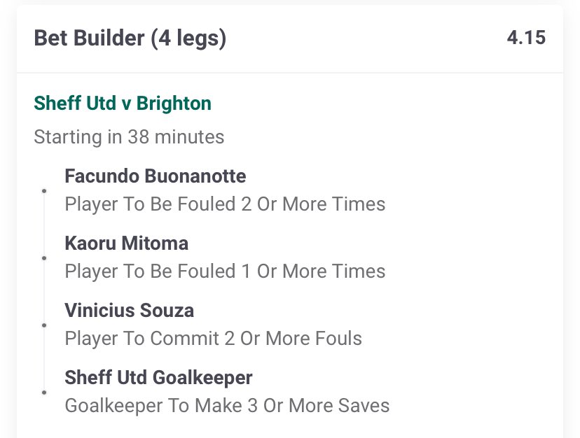 ⚔️ Sheffield United vs Brighton 🌊

🧱 Bet Builder Tip w Paddy Power

- Buonanotte fouled twice in every away PL start
- Mitoma fouled in 7/8 away starts
- Souza 2+ fouls 9/11 home starts
- Foderingham 3+ saves 11/12 home starts

#SHUBHA