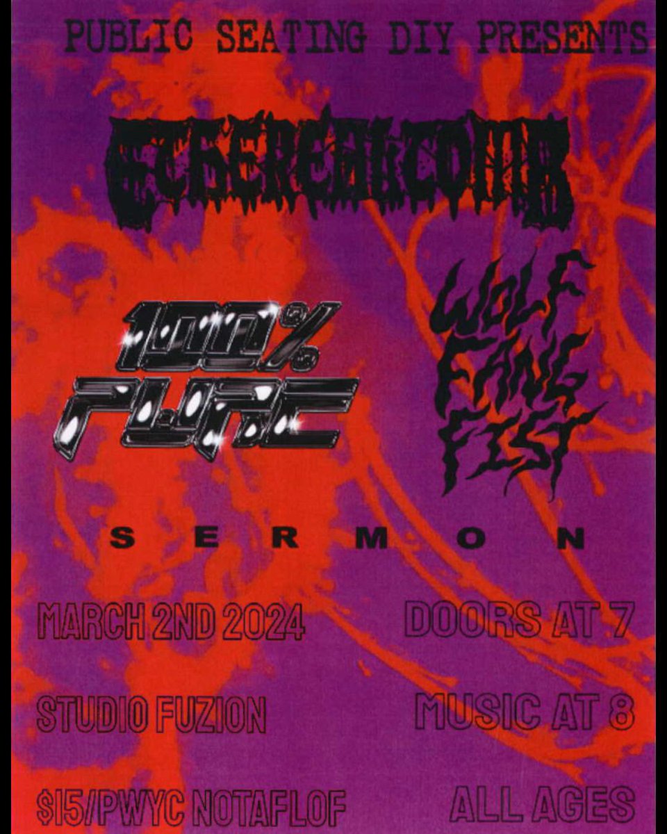 CATCH US AT STUDIO FUZION IN K/W WITH HEAVY HITTERS ETHEREAL TOMB, 100% PURE, AND SERMON. 

SHOUTOUT PUBLIC SEATING DIY FOR PUTTING ON THIS ALL AGES BANGER. 

SEE YA'LL MARCH 2ND.