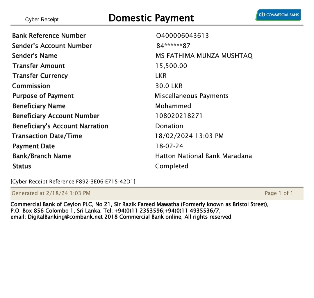 munza14's tweet photo. Received another donation of LKR 15,500 which I transferred to the father's account.
Suhail is unfortunately not doing too well, so lets please keep him in our prayers for a quick recovery.
#LKA #SriLanka #RupeeFund @amjathisateen https://t.co/Akzy9P508y