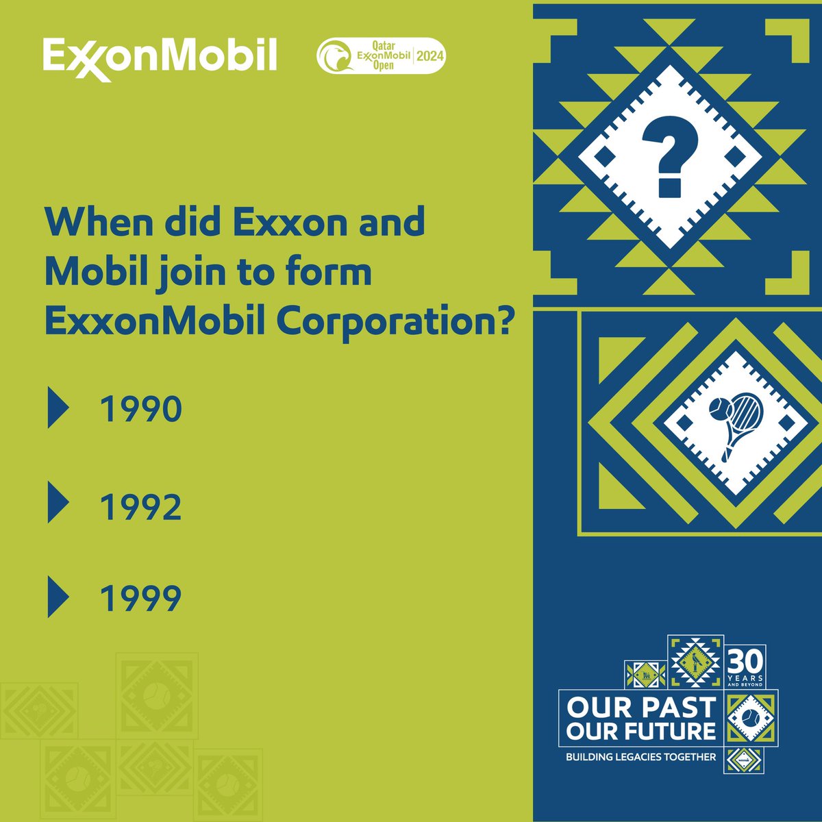 exxonmobil_qa's tweet photo. السؤال العاشر! 
 
شروط المسابقة:
-  قم بمتابعة @exxonmobil_qa على انستغرام أو منصة  X
-  ضع إجابتك في التعليق 
-  منشن ثلاثة من أصدقائك
 
*فائز واحد يومياً من انستغرام أو منصة  X 🥳
 
#بماضينا_بمستقبلنا #شراكة_تبني_إرثاً #30عاماً_ونمضي_قدماً https://t.co/dMcokQpnK0