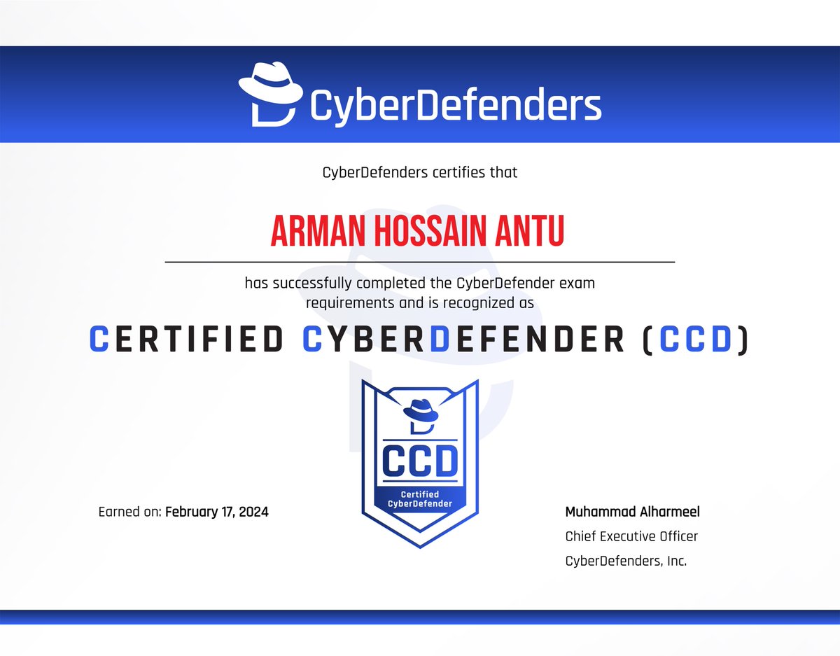 0xAntu's tweet photo. Alhamdulillah!
I am excited to announce that I have passed my first certification exam, the Certified CyberDefender.
For verification purposes, please visit https://t.co/rcIzuGwyok
@CyberDefenders
#cyberdefenders #DefendSmarterNotHarder #ccd https://t.co/IxrpvZMnQj