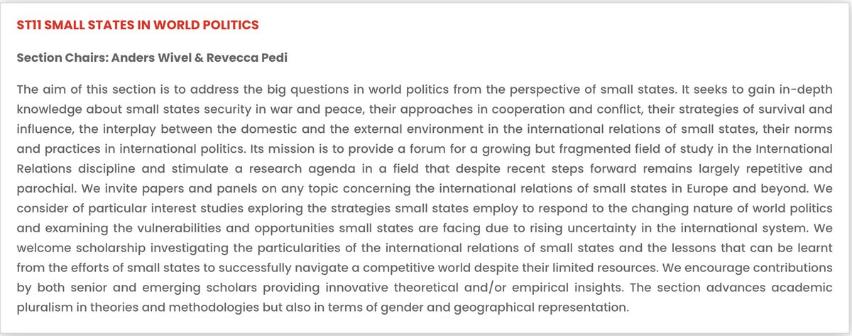 Join us for #EISAPEC24 and submit your papers to the Small States in World Politics section! Co-chaired by @AndersWivel and myself, we're eager to welcome submissions covering every aspect of smallness in world politics. pec2024.eisa-net.org/abstract-submi…