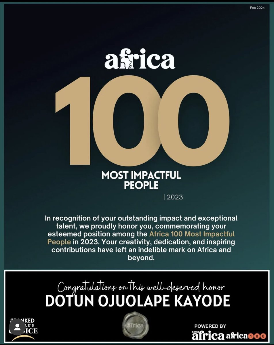 iamDo2dtun's tweet photo. #Africa100MostImpactful
#Africa100
@RanksAfrica
Many are called, few are chosen.
Grateful to God 🙏🏾 https://t.co/piVNoId4H7