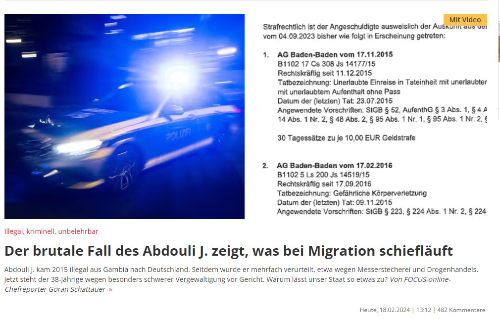 Abdouli J. kam 2015 illegal aus Gambia nach Deutschland. Seitdem mehrfach verurteilt wegen Messerstecherei und Drogenhandels. Jetzt steht der 38-Jährige wegen besonders schwerer Vergewaltigung vor Gericht. Warum lässt unser Staat so etwas zu?

#Zusammenbruchland #Zusammenland