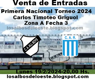 allboysdeloeste's tweet photo. All Boys Pasion del Oeste: Primera Nacional Torneo 2024 Zona A Fecha 3 All Boys - Racing de Cdba Venta de Entradas. Vamos All Boys!
https://t.co/4AUHl8weF5
#allboys #racingdecba https://t.co/8iJIFS0pp1