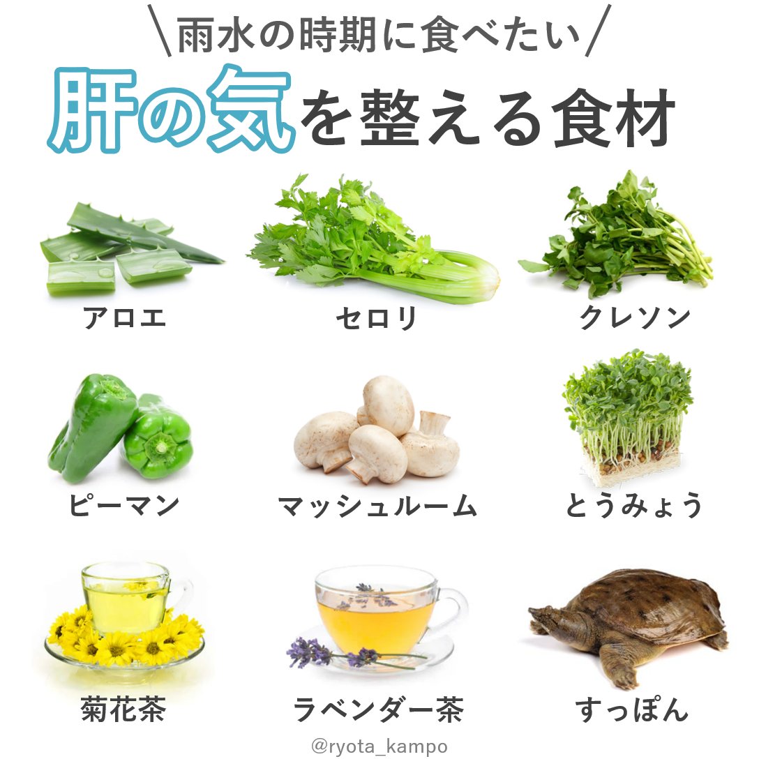 ryota_kampo's tweet photo. 今日2/19は二十四節気の『雨水(うすい)』なんだけど、東洋医学は暦とその時期におすすめの食材がセットで受け継がれてるからありがたい。雨水の時期は肝の気が乱れて頭痛・めまい・ほてり・不眠・イライラなどが出やすいから「肝の気を整える食材」を食べよというのが2000年前から伝わる教えなんです。 https://t.co/IkxDnVyxZp