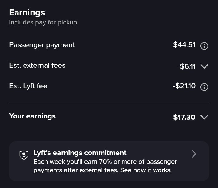 RationalDriver's tweet photo. @AskLyft @davidrisher why did I only get 45% of the passenger payment when @lyft guarantees drivers get 70%?  Someone owes me atleast an additional $9.58.  #Lyft #lyftguarantee https://t.co/eMPeSECwHB